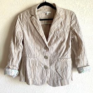 CAbi Tan White Checkered Crinkled Blazer Small